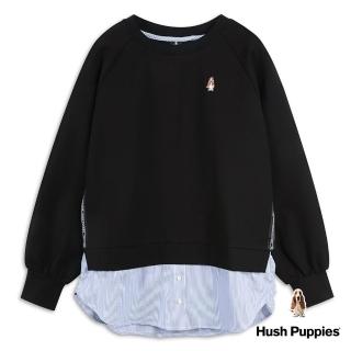 【Hush Puppies】女裝 上衣 下擺條紋拼接拉克蘭寬袖上衣(黑色 / 34210202)