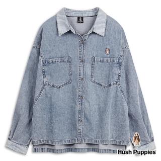 【Hush Puppies】女裝 襯衫 簡約拼接條紋牛仔襯衫(藍色 / 34212103)