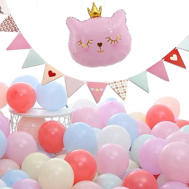 粉紅貓咪氣球佈置組 生日氣球(造型鋁膜氣球X1 掛旗X1 乳膠氣球X50)