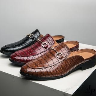 【JP Queen New York】英倫鱷魚紋金扣男士大尺碼平底懶人皮鞋穆勒鞋(3色可選)