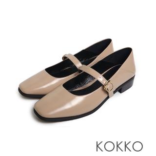 【KOKKO 集團】氣質方圓頭牛油皮低跟瑪莉珍鞋(駝灰色)