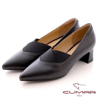 【CUMAR】簡約尖頭異材質拼接彈性帶深口粗跟鞋(黑色)