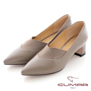 【CUMAR】簡約尖頭異材質拼接彈性帶深口粗跟鞋(卡其色)