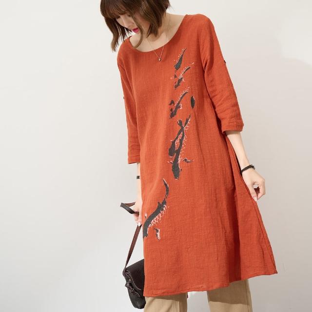 【慢。生活】文藝鯉魚圖案反摺袖棉質連衣裙-F(橘)