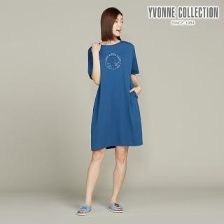 【YVONNE 以旺傢飾】熊大網印短袖洋裝-普魯士藍(LINE FRIENDS)