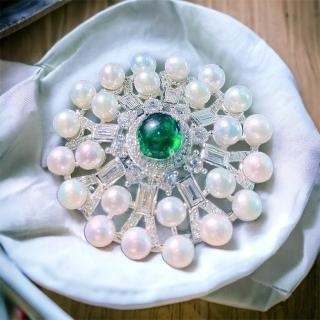 【I JEWELRY】頂級純銀訂製 奢華貴婦圓圈24顆天然珍珠鑲鋯石仿祖母綠純銀小別針 珍珠胸針(附純銀保證卡)