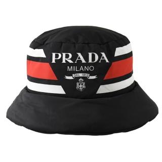 【PRADA 普拉達】經典LOGO條紋個性加厚尼龍遮陽帽漁夫帽(黑)