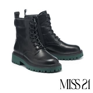 【MISS 21】率性英倫風簡約綁帶牛皮撞色厚底短靴(黑)