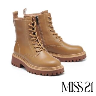 【MISS 21】率性英倫風簡約純色綁帶牛皮厚底短靴(黑)