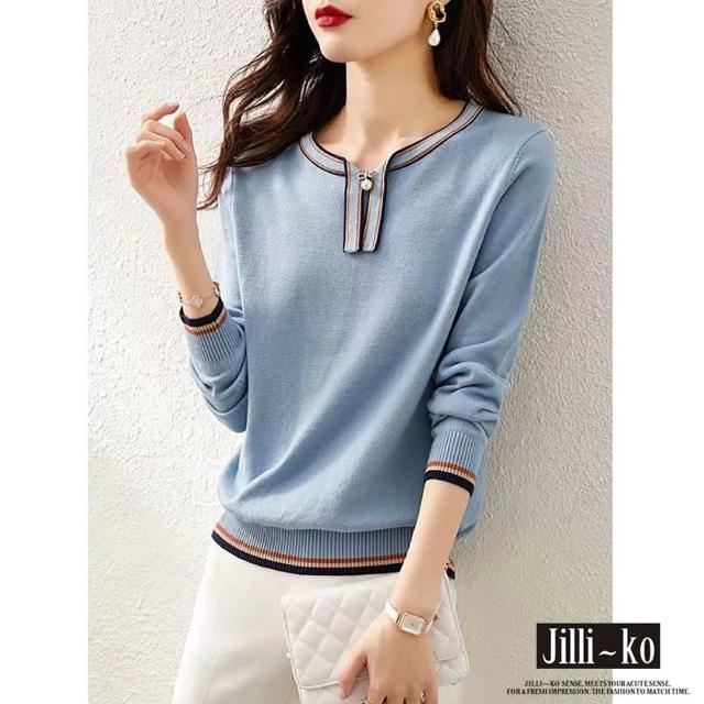 【JILLI-KO】配色飄帶領氣質薄款長袖針織衫-F(藍)