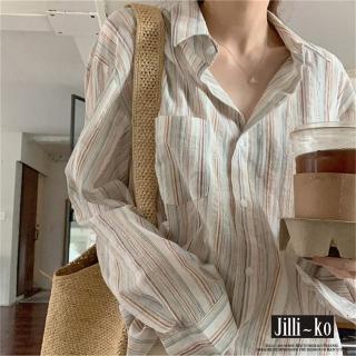 【JILLI-KO】韓版慵懶風寬鬆復古細條紋襯衫-F(白)