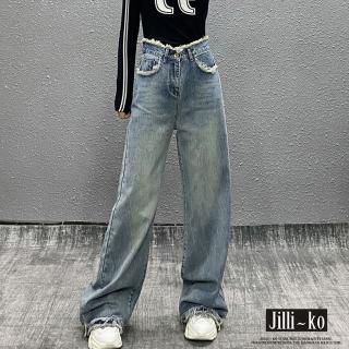 【JILLI-KO】高腰毛邊設計復古直筒拖地牛仔褲-M/L/X/2XL(藍)