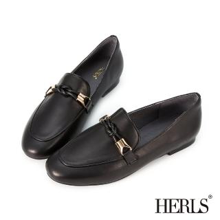 【HERLS】樂福鞋-全真皮立體結飾釦環造型平底樂福鞋(黑色)