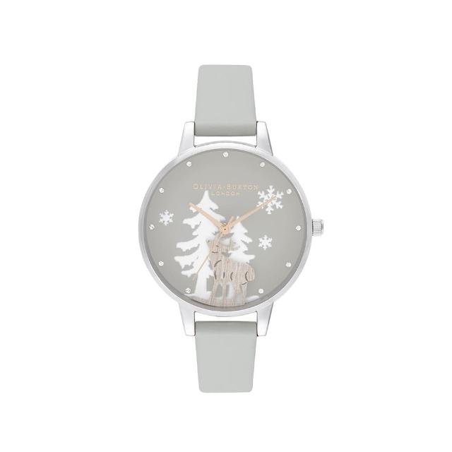 Olivia Burton】Winter Wonderland系列-鋼殼麋鹿灰面灰皮帶腕錶-30mm