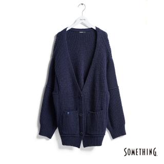 【SOMETHING】女裝 長版開襟毛衣針織外套(丈青色)