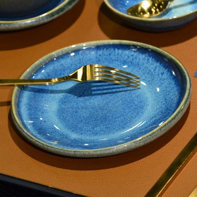 【YU Living 信歐傢居】藍色流釉陶瓷點心盤二件組 7吋盤(二件一組/藍色/餐盤.點心盤.七吋盤)