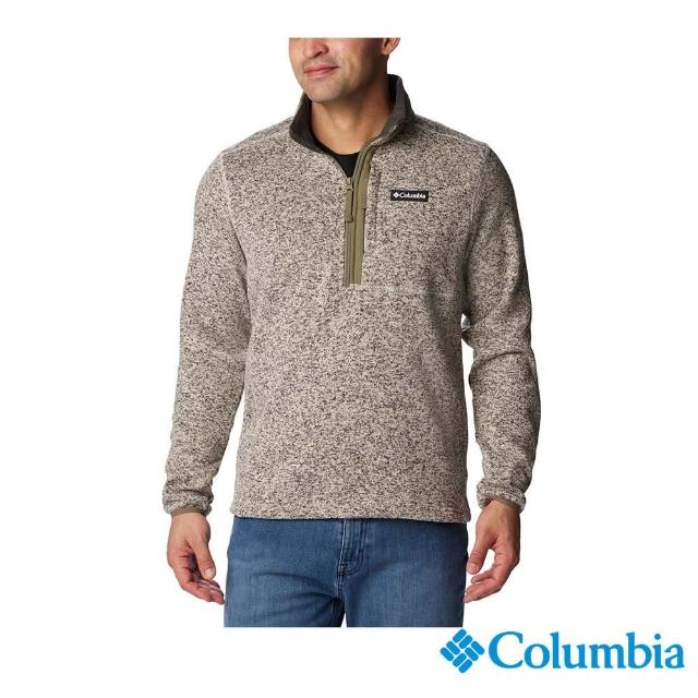 【Columbia 哥倫比亞 官方旗艦】男款-Sweater Weather半開襟花紗針織刷毛上衣-卡其(UAE58170KI/HF)