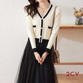 【2CV】現貨 小香風針織連身洋裝紗裙QF006
