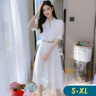 【CHACO】/現貨/ 韓系法式優雅V領花朵蕾絲收腰短袖質感白色連身裙+腰帶#8091