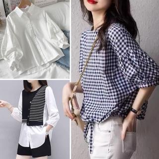 【JILLI-KO】韓版甜美壓褶設計感泡泡袖襯衫-M/L/XL(多款任選)