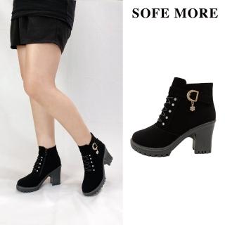 【SOFE MORE】高跟短靴 防水台 跟靴 側拉鍊短靴 粗跟短靴(高跟短靴)