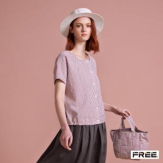 【FREE】棉麻格紋皺感全開襟方領上衣(粉紅)