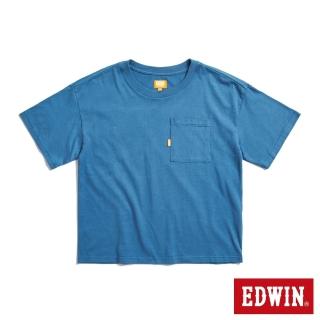【EDWIN】女裝 橘標 方版口袋短袖T恤(灰藍色)