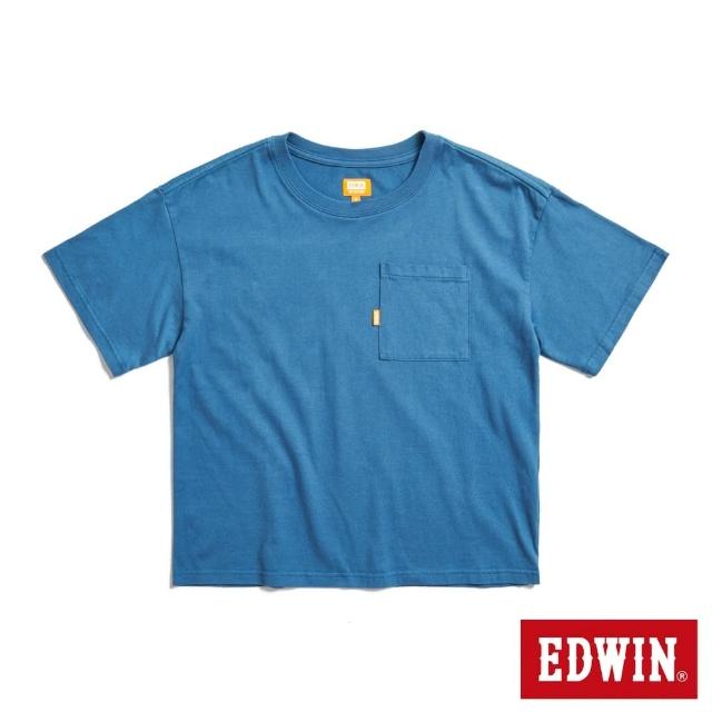 【EDWIN】女裝 橘標 方版口袋短袖T恤(灰藍色)