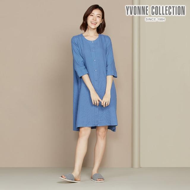 【YVONNE 以旺傢飾】雙層紗開襟七分袖洋裝(藍)