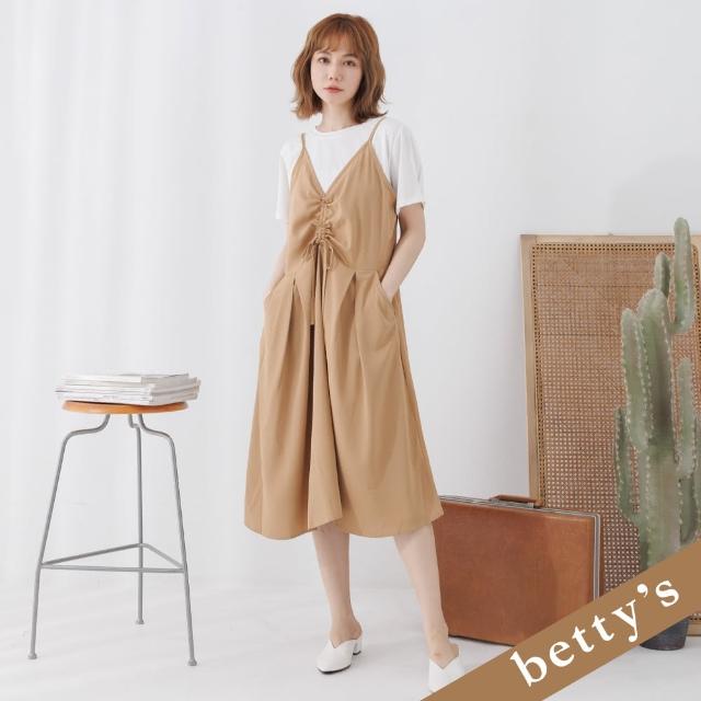 【betty’s 貝蒂思】兩件式細肩帶抽繩打摺洋裝(卡其色)