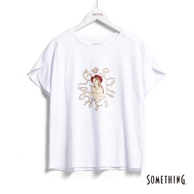 【SOMETHING】女裝 少女牛仔寬版短袖T恤(白色)
