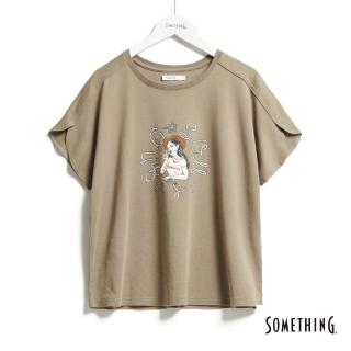 【SOMETHING】女裝 少女牛仔寬版短袖T恤(墨綠色)