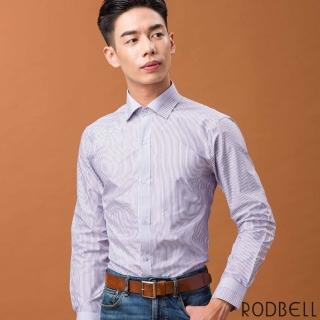 【RODBELL 羅德貝爾】紫色條紋定位長袖修身襯衫(抗皺、吸濕排汗、聚酯纖維、修身襯衫)