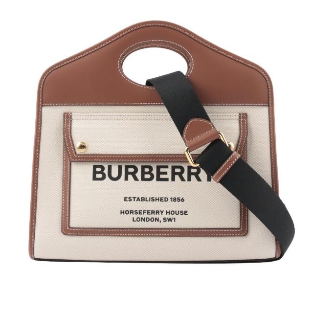 【BURBERRY 巴寶莉】帆布拼皮革小款口袋托特包(自然色/麥芽棕)
