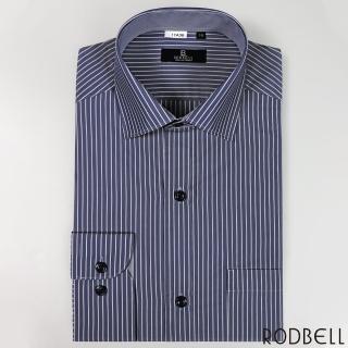 【RODBELL 羅德貝爾】深藍底白條紋長袖修身襯衫(抗皺、吸濕排汗、聚酯纖維、修身襯衫)