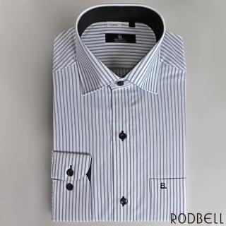 【RODBELL 羅德貝爾】白底黑藍條紋長袖修身襯衫(抗皺、吸濕排汗、棉、聚酯纖維、修身襯衫)