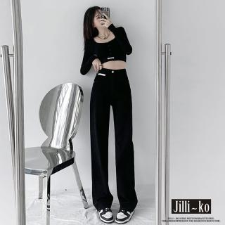 【JILLI-KO】高腰貼標設計復古直筒拖地牛仔褲-M/L/XL(黑)
