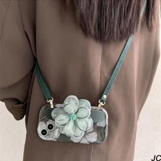 【JC Collection】精緻綠色大花朵手腕帶斜背帶手機背蓋適用於IPhone12&13&14&13pro&14pro(珍珠花)