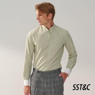 【SST&C 新品９折】淺綠條紋拼接袖口標準版立領長袖襯衫0312308015