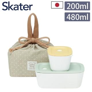 【Skater】日本製便當盒黃色200ml+綠色480ml+束口便當提袋3件組(午餐盒/保鮮盒/野餐袋)