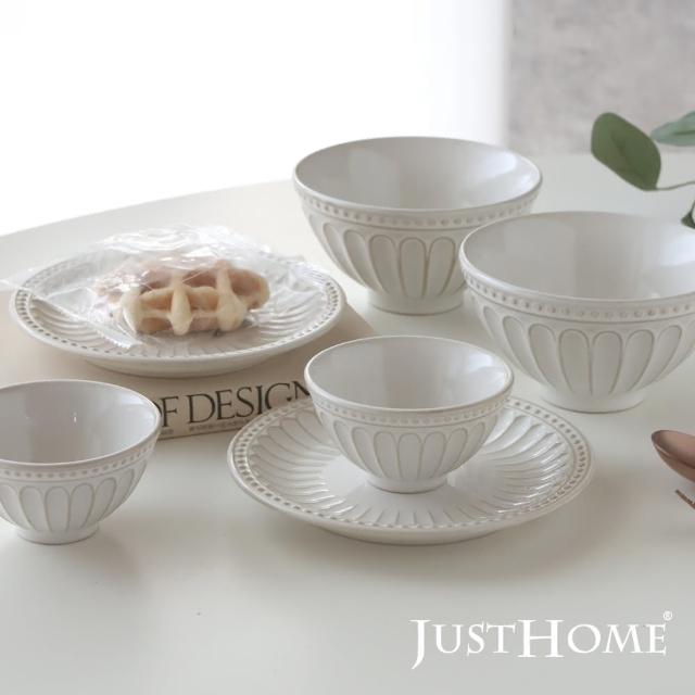 【Just Home】霧白輕奢條紋陶瓷碗盤餐具6件組-2人份餐具(飯碗+盤+調味碟)