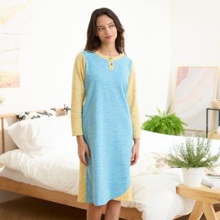 【Wacoal 華歌爾】睡衣-居家休閒 M-L純棉針織印花洋裝 LWY45983YW(黃衣領/藍綠衣身)