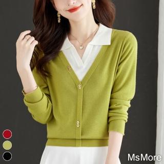 【MsMore】Polo領假兩件針織衫長袖氣質短版上衣#119633(黑/酒紅/綠)