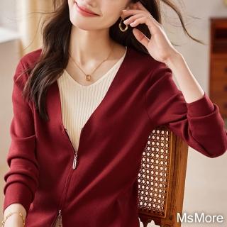 【MsMore】設計感撞色疊穿V領假兩件復古長袖紅針織衫短版上衣#119478(紅)