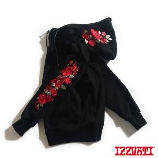 【IZZVATI】玫瑰刺繡帽T-黑(品牌LOGO帽T)