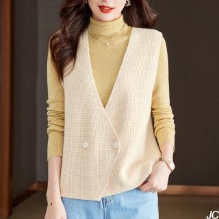 【JC Collection】韓版優質針織保暖前扣顯瘦個性外套背心(米、灰、綠)