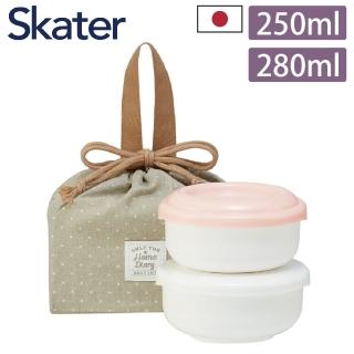 【Skater】日本製圓型便當盒250ml+280ml+束口便當提袋3件組 粉紅色/白色(午餐盒/保鮮盒/野餐袋)