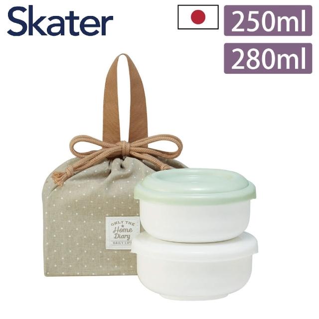 【Skater】日本製圓型便當盒250ml+280ml+束口便當提袋3件組 綠色/白色(午餐盒/保鮮盒/野餐袋)