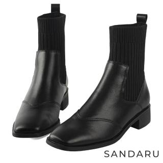 【SANDARU 山打努】襪靴 真皮方頭針織拼接切爾西短靴(黑)