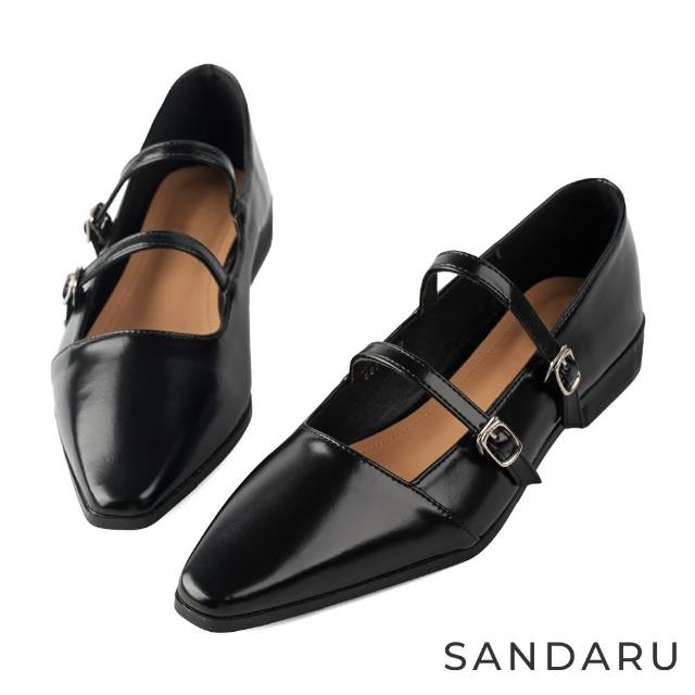 【SANDARU 山打努】瑪莉珍 法式雙釦帶尖頭低跟鞋(黑)